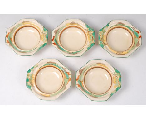 A set of five Clarice Cliff Secrets Green pattern pottery dessert bowls, each having octagonal outer edge and black printed b