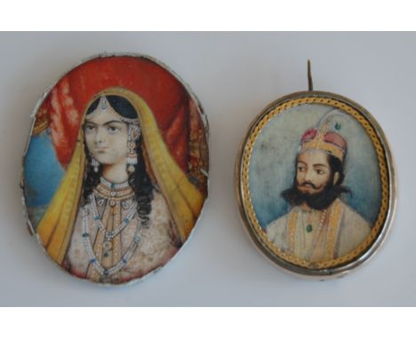 19th century Indian school - head and shoulders portrait of a nobleman, miniature watercolour on ivory heightened in gilt, in