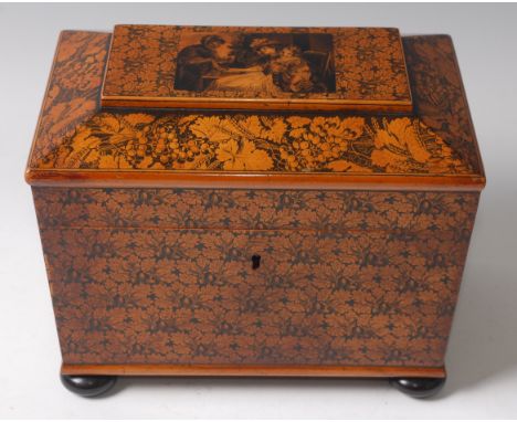 A good George IV satinwood and penwork tea caddy of sarcophagus form, the hinged lid decorated with a palm reading scene with