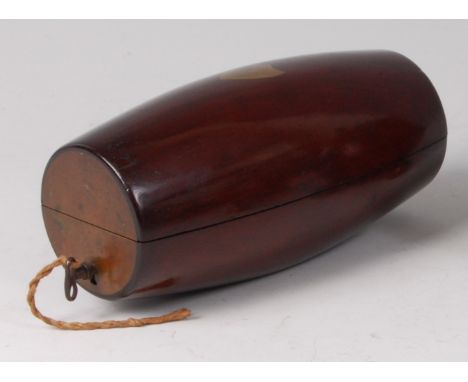 A 19th century mahogany and brass mounted campaign shaving case of barrel form, the hinged lid with vacant shield shaped cart