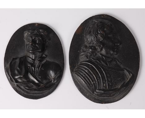 A Victorian cast metal portrait plaque, possibly depicting Oliver Cromwell, 13 x 10cm; together with one other of an unknown 