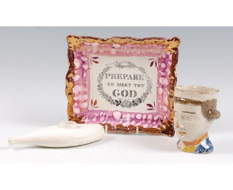 A 19th century Spode blanc-de-chine pap-boat, 17cm; an early 19th century Prattware jug (with major losses),h.11cm; and a Sun