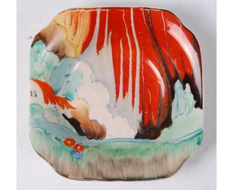 A Clarice Cliff Forest Glen pattern pottery pin tray, of square form with pinched corners, black printed backstamps verso, w.