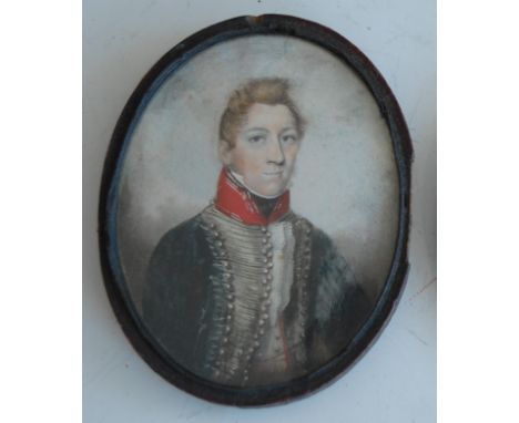 Continental school - Half-length portrait of an officer, miniature watercolour with body colour on ivory, 8.5 x 6.5cm