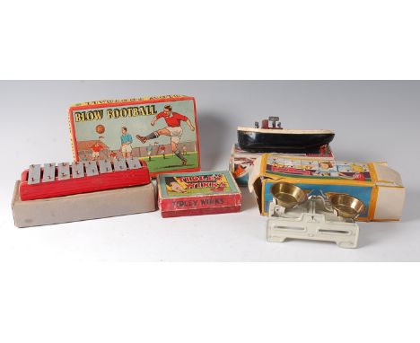 Five various boxed mixed tinplate and plastic childrens toy games, comprising; Laurel Toys xylophone, Penguin series 4 clockw