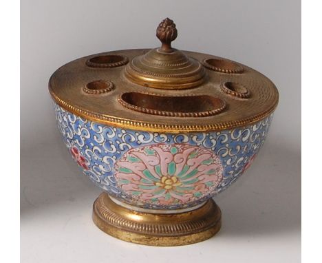 A late 19th century Chinese porcelain inkstand, having European gilt brass mounts, the top with hinged cover and with quill &