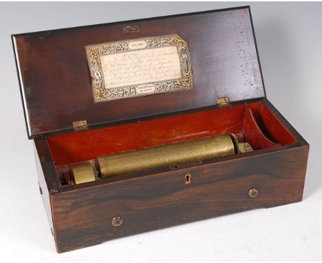 A circa 1900 Swiss rosewood cased music box, the 20.5cm cylinder playing six airs, 38cm   Condition Report / Extra Informatio