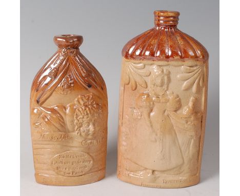 A Doulton & Watts stoneware flask, relief moulded with Mr & Mrs Caudle to the obverse, the reverse with Miss Prettiman, impre