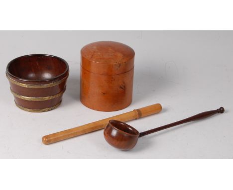 A 19th century mahogany and brass bound open salt, of tapering form, h.5cm, together with a 19th century rosewood toddy ladle