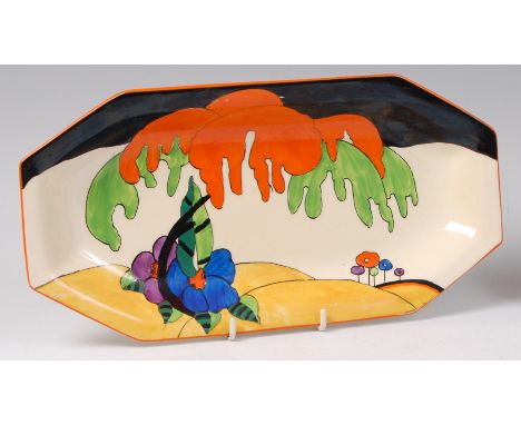 A Clarice Cliff Woodland pattern pottery octagonal sandwich dish, bright colour decorated, printed backstamp verso, shape No.