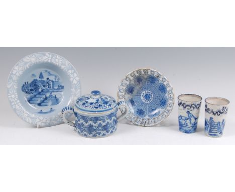 Assorted Delftware, to include; twin handled bowl and cover, sweetmeat bowl with pierced rim (with major restoration), pair o