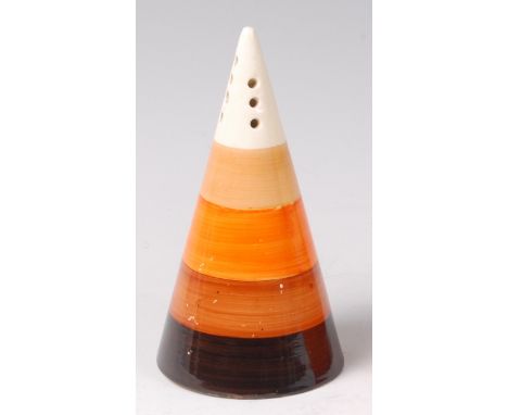 A Clarice Cliff pottery conical sugar sifter, with painted concentric banded decoration in tones of orange and brown, black p