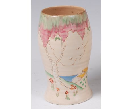 A Clarice Cliff Taormina Pink pattern pottery vase, shape No.583, of ribbed baluster form, blue printed backstamp and raised 