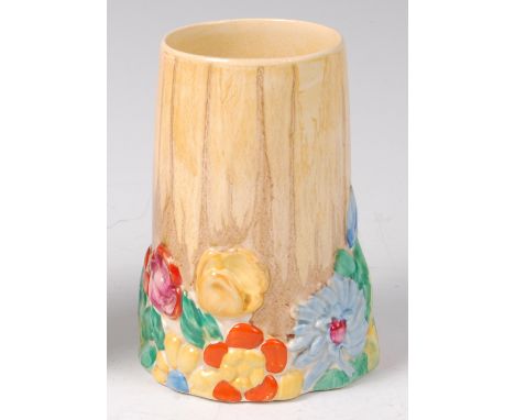 A Clarice Cliff My Garden pattern pottery vase, shape No.665, of circular tapering form, with raised and moulded bright colou