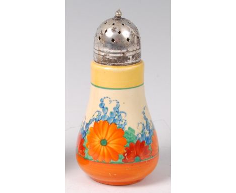 A Clarice Cliff Gay Day pattern pottery sugar sifter, having pierced silver plated domed cover to slightly lower bulbous form