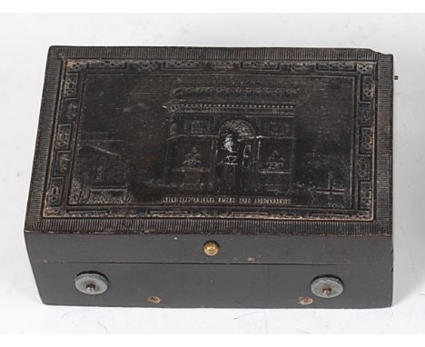 A 19th century French pressed horn cased travelling music box, the cover depicting the Arc de Triumph, the 6cm cylinder playi