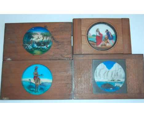 Four various circa 1900 hand-painted lantern slides, one depicting biblical scene,  two with Native American scenes, and the 