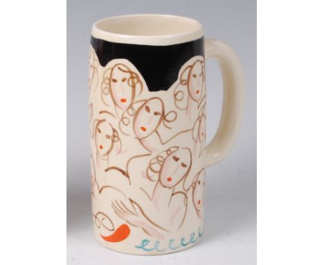 A Laura Knight for Clarice Cliff Fair Ladies first edition beer tankard, circa 1934, of painted stylised ladies within a blac