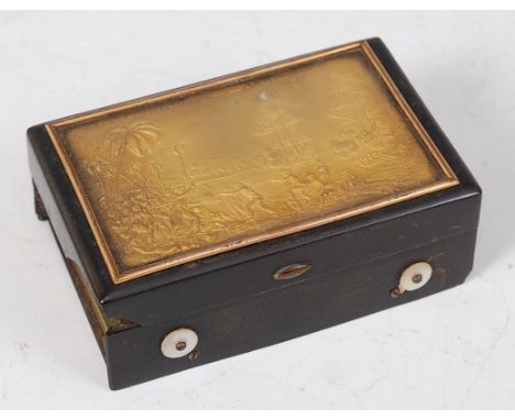 A 19th century French pressed horn travelling music box, the cover inset with a gold-washed relief scene entitled 'Mort de Ca