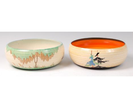 A Clarice Cliff Coral Firs pattern pottery table bowl, of circular ribbed squat ovoid form, printed backstamp 'Clarice Cliff 
