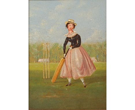 Late 19th century English naive school - Portrait of a lady playing cricket, oil on board, 19.5 x 14cm   Condition Report / E