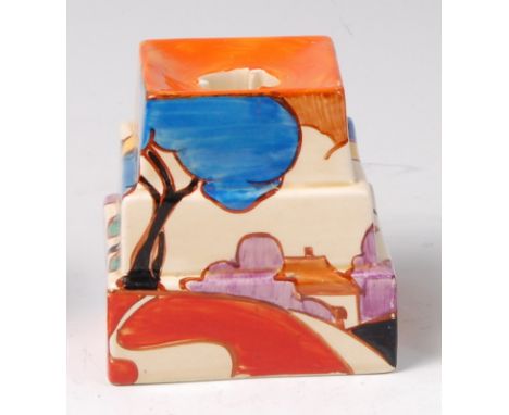 A Clarice Cliff Autumn Blue pattern pottery candlestick, shape No.391, of square stepped form, black printed Fantastique mark
