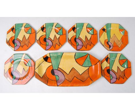 A Clarice Cliff W pattern pottery sandwich set, comprising long octagonal tray with black printed backstamp verso (10x7mm chi