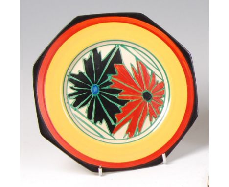 A Clarice Cliff Umbrellas pattern pottery octagonal plate, black printed Fantastique mark verso, dia. 22cm   Condition Report