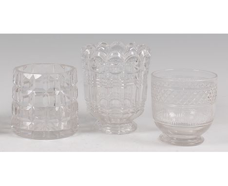 An early 19th century cut glass mixing bowl removed from a tea caddy, 9cm; and two other glass tea mixing bowls from caddies 