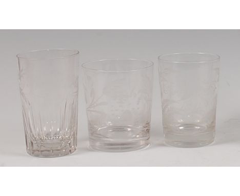 A Victorian engraved glass tumbler, decorated with leaves and flowers, inscribed 'Mrs Allott' and dated 1891, h.11.5cm; anoth