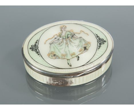 ORNATE STERLING SILVER PILL BOX
stamped 925, decorated in guilloché enamel with a dancing girl in 18th century dress, with pa