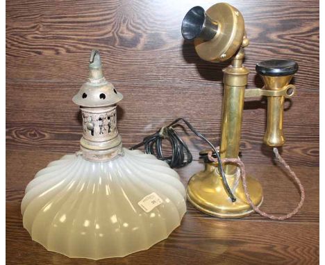 VINTAGE BRASS TELEPHONE AND VINTAGE LIGHT FITTING