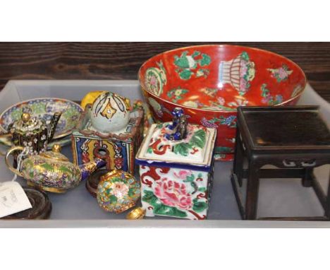 COLLECTION OF CHINESE CERAMICS, CARVED WOOD AND CLOISONNE
including modern Chinese pottery figures, modern Chinese bowl, pier