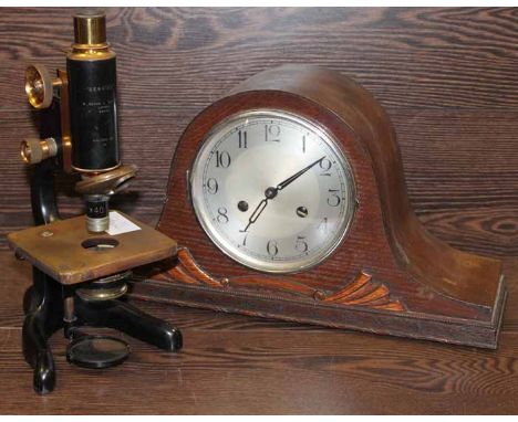 WESTMINSTER CHIMING MANTEL CLOCK 
the circular silvered dial set with Arabic stylised numerals, Westminster chimes, 42cm x 24