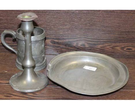 PEWTER MUG, DISH AND CANDLESTICK