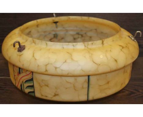 ART DECO PAINTED YELLOW MARBLED CEILING LAMP SHADE 
of stepped circular form, 14" in diameter 
