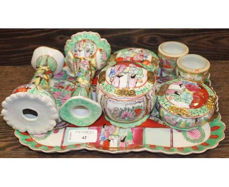 CANTON DRESSING TABLE SET
along with two small bowls and a Famille Rose teapot