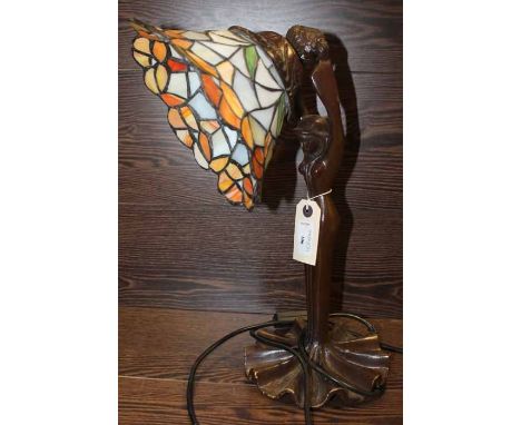 ART NOUVEAU TIFFANY STYLE ELECTRIC FIGURAL TABLE LAMP
foliate glass shade, good condition