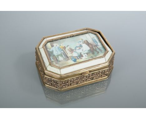EARLY 20TH CENTURY FRENCH GILT METAL IVORY TRINKET BOX
the lid with ivory insert painted with interior scene, with ivory bord