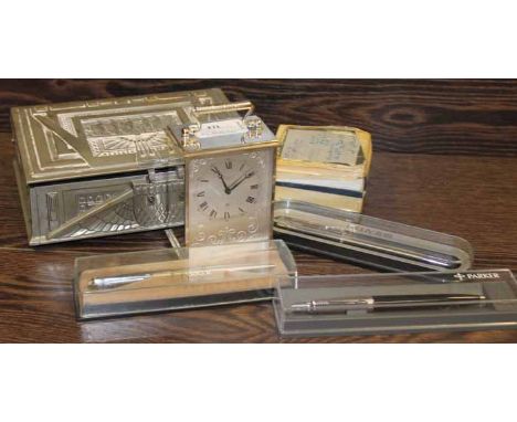 TWENTIETH CENTURY METAL SECESSIONIST BOX
together with an Imhof 8 Day Carriage clock, an Oris alarm clock and a collection of
