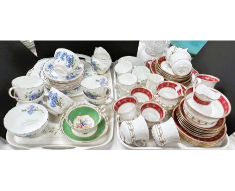 A Royal Adderley "Cornflower" part tea service; a Tuscan red and gilt part tea service, 30 pieces approx; other teaware 
