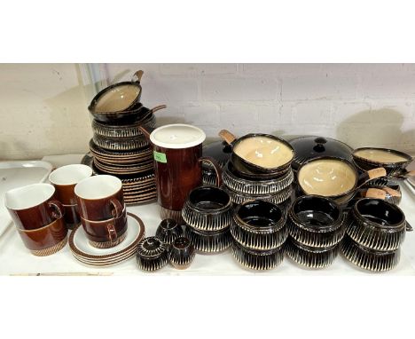 A 1970's Poole brown stoneware coffee set; a Coldstone part dinner set, in brown and yellow dripware, 38 pieces approx 