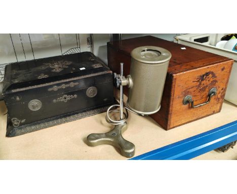 An ebonised Victorian sewing box with embossed fittings and a microscopes wooden case (no microscope), adn a vintage lamp