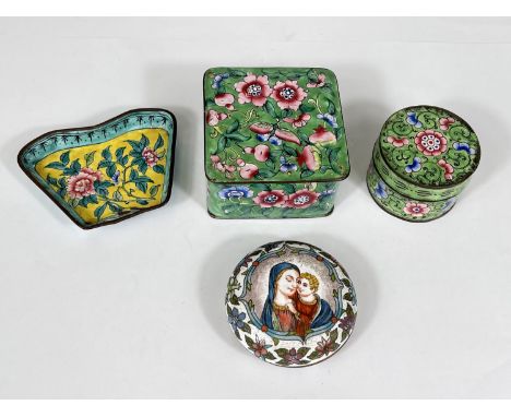 Two items of Chinese enamel in green with floral decoration, lidded pots and two other items 