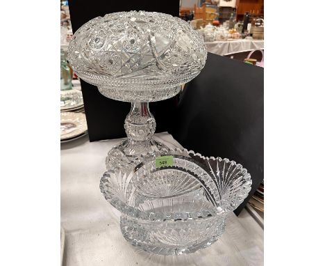 A 1930's cut glass table lamp with mushroom shade; a heavy cut crystal fruit bowl 