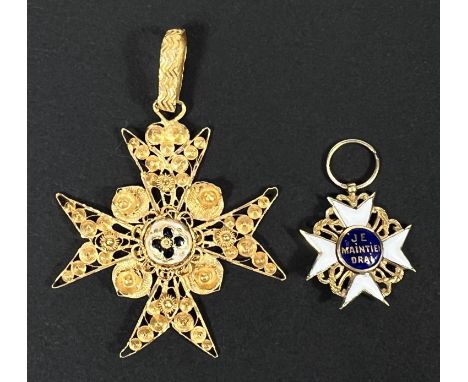 A yellow metal filigree Maltese cross with central enamel boss; a similar smaller pendant, tests as circa 18ct, 9gm 