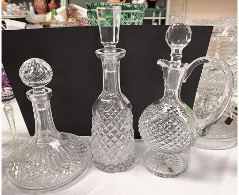 A&nbsp;Waterford crystal claret jug; a mallet shaped decanter; a ship's decanter (stained internally) 