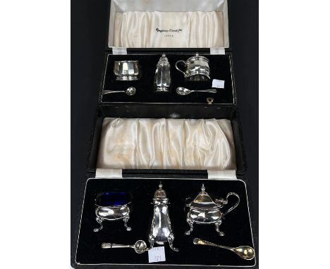 A hallmarked silver 3 piece cruet set, boxed, Birmingham 1957, 2oz (mustard hinge a.f.); a Georgian style silver plated item 