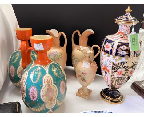 A Royal Worcester classical ewer hand painted with flowers on a peach blush ground, ht. 16.5cm; a pair of Minton style ovoid 