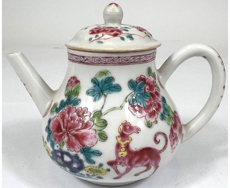 A 19th century Chinese famille rose small teapot decorated with chrysanthemums; animals; etc., height 10.5cm Ghost hairline? 